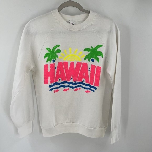 Vintage 80s Hawaii Sweater Pullover Y2K Size M Made In USA White Beach